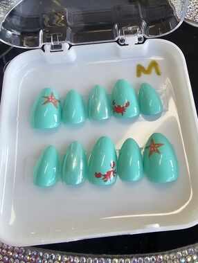 Aqua Teal Press-On Nails with Starfish & Crab Accents